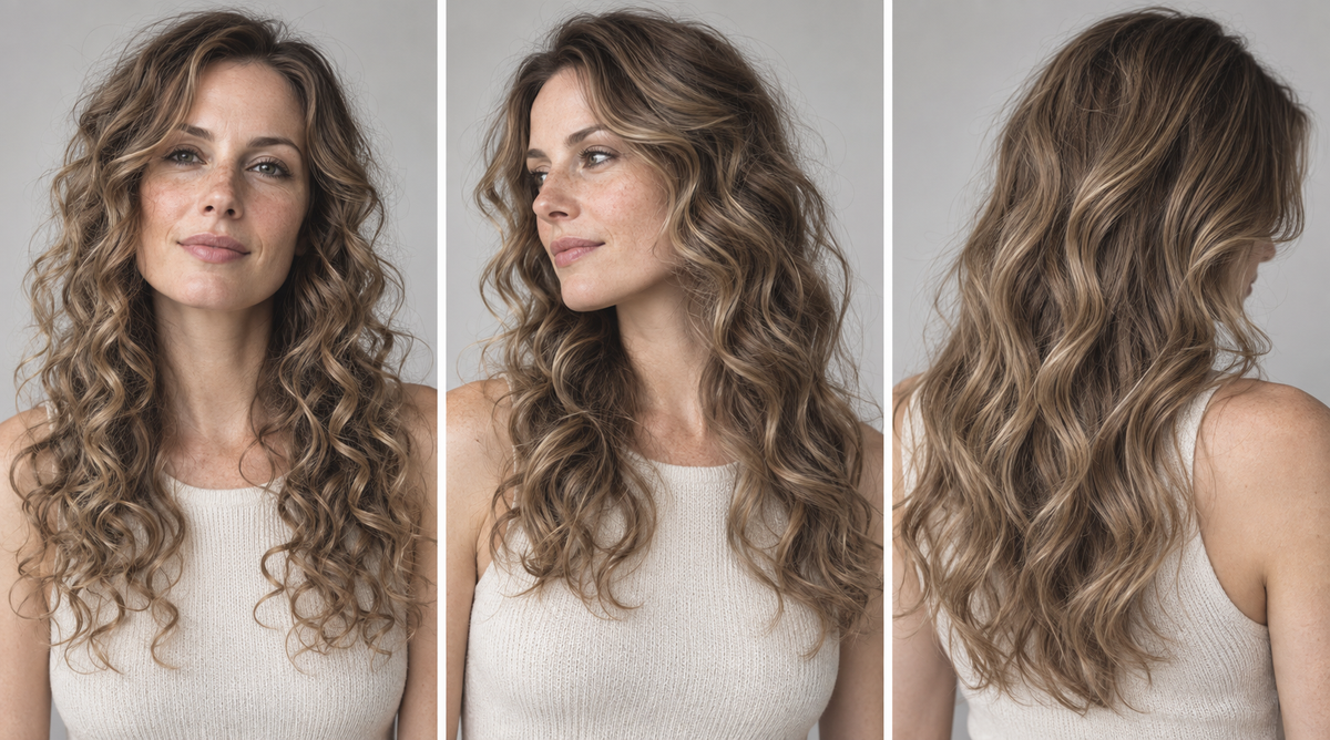 Front-facing adult model with irregular defined curls