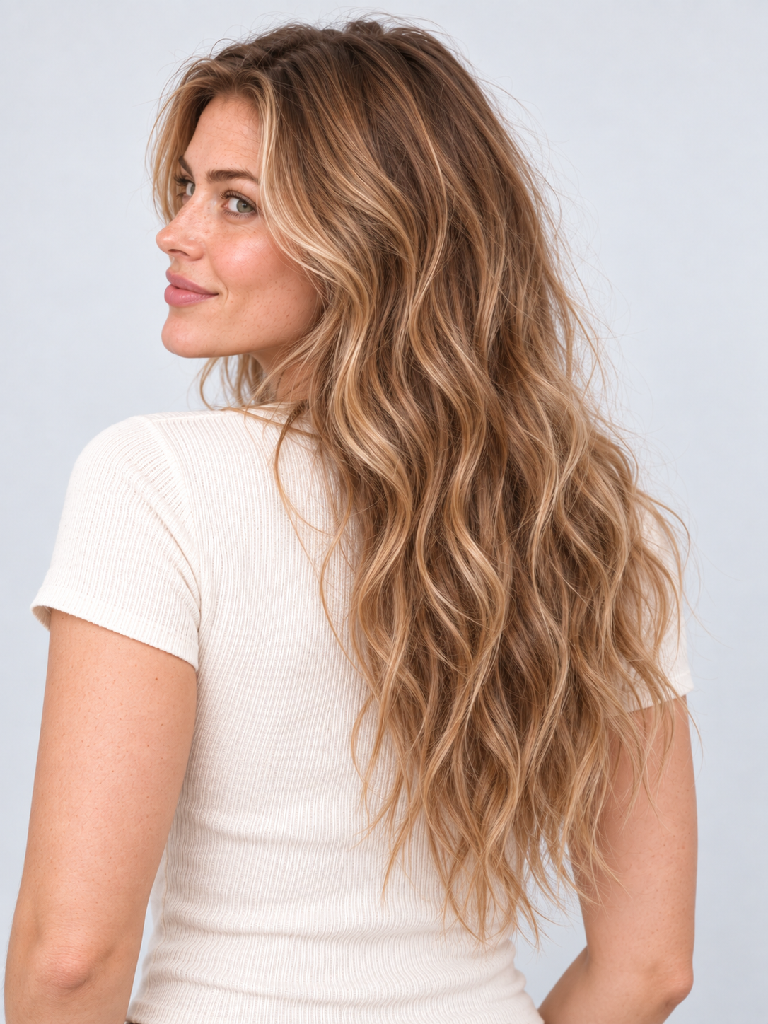 Over-the-shoulder back view with naturally loose, irregular waves
